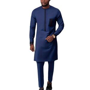 African Formal Dashiki Blue w/ Black Shirt & Pant Suit Traditional Dress Outfit